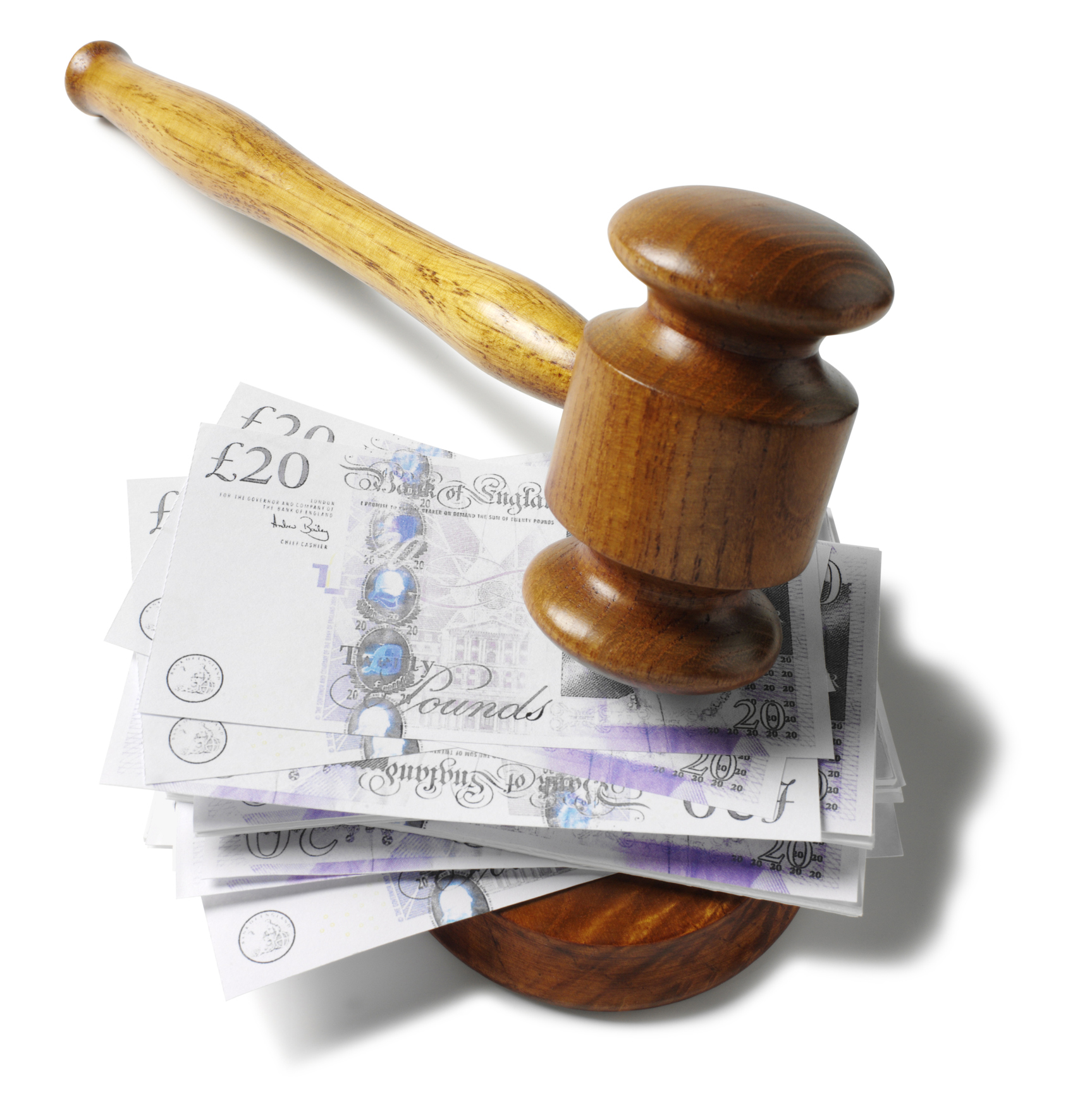 Photographic image of a Gavel small wooden hammer and £20 pound notes